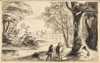 Two Travelers under Tree with Village and Bridge in Distance, 1707. Creator: Unknown.