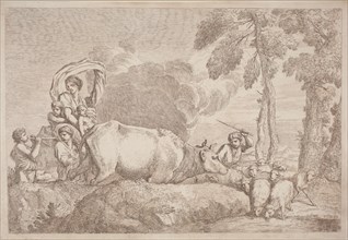 A Woman with Two Children on Horseback, 1758/1759. Creator: Gaetano Gherardo Zompini.
