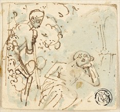 Sketch of Man Leaning on Staff, Looking at Sleeping Woman, n.d. Creator: Thomas Stothard.