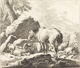 A Horse, Buffalo, Sheep, and Goat in an Italian Landscape. Creator: Johann Elias Ridinger.