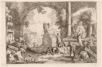 Capriccio of Antique Ruins with Men Gazing at a Classical Orator, 1720s. Creator: Marco Ricci.
