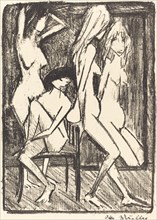 Three Girls in front of a Mirror (Drei Madchen vor dem Speigel), c. 1922. Creator: Otto Mueller.