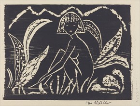 Nude Figure of a Girl in a Landscape (Madchenzwischen Blattpflanzen), 1912. Creator: Otto Mueller.