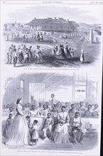 Noon at the Primary school (top) and Primary school for Freedmen..., 1866-06-23. Creator: Unknown.