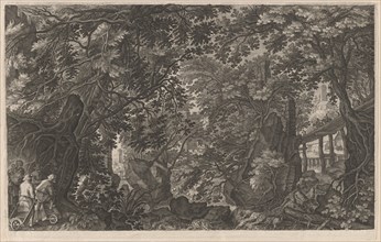 Hunters in a Forest near a Wooden Bridge, 1600/1615. Creators: Aegidius Sadeler II, Pieter Stevens.