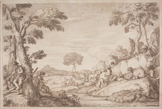 A Pastoral Journey with a Boy Playing His Flute by a Tree, 1759. Creator: Gaetano Gherardo Zompini.
