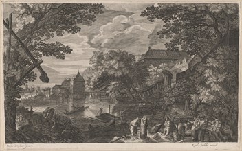 Riverscape with Fishermen by a Fortified Town, 1600/1615. Creators: Aegidius Sadeler II, Pieter Stevens.