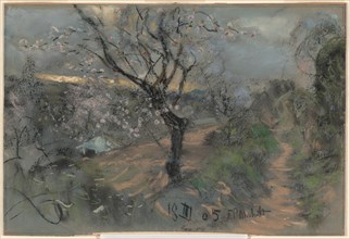 A Hillside Path with Blooming Cherry Trees under an Overcast Sky, 1905. Creator: Francesco Paolo Michetti.