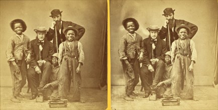 Shoe Blacks. [Studio portrait of three young shoe shiners and their customers], (1868-1900?). Creator: Unknown.