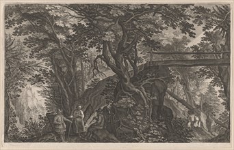 Travelers Resting in a Mountain Forest by a Log Bridge, 1600/1615. Creators: Aegidius Sadeler II, Pieter Stevens.