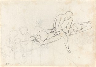 Seated Man Flanked by Two Reclining Figures; Huddle of Figures in Lower Left Corner, c. 1790. Creator: John Flaxman.