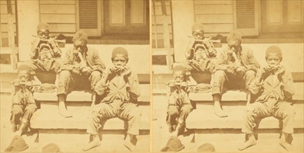 Distinguished southerners, grinding cane. [Children chewing sugar cane on the porch], (1868-1900?). Creator: Unknown.