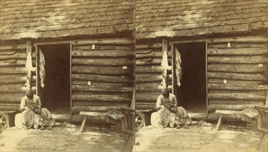 An hour's hunting. [Woman checking a girl's head for lice in front of cabin], (1868-1900?). Creator: O. Pierre Havens.