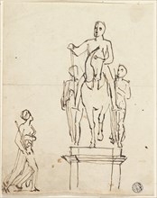 Sculpture of Horseman Accompanied by Two Standing Figures, with Sketch of One of Latter, n.d. Creator: Thomas Stothard.