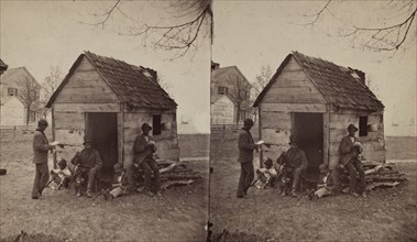 School house. [Man in a top hat in front of a shack with several boys with books], (1868-1900?). Creator: J. N. Wilson.