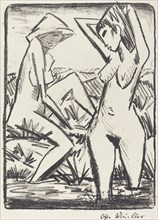 Standing Girl in Water and the Other Sitting on Shore (Im Wasser stehendes und am...), 1921/1922. Creator: Otto Mueller.