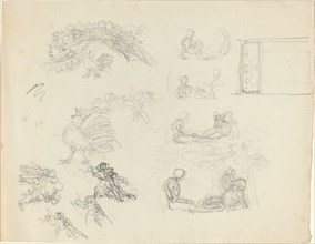Studies of Crowing Rooster and Reclining Figures [recto and verso], late 18th/early 19th century. Creator: John Flaxman.