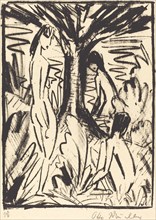 Standing, Sitting, and Bathing Girls near a Tree (Stehende, sitzendes und badendes...), 1920/1921. Creator: Otto Mueller.