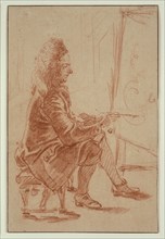 A Bewigged Painter (Possibly Claude Audran), Seated at his Easel, Seen in Profile, c. 1709. Creator: Jean-Antoine Watteau.