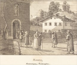 Sonntag - Kircheneingang in Berchtesgaden (Sunday - Going to Church near Berchtesgaden), 1823. Creator: Ferdinand Olivier.