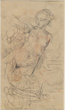A Reclining Nude with Her Right Arm Raised over a Swift Composition Study [verso], c. 1763. Creator: Jean-Baptiste Deshays.