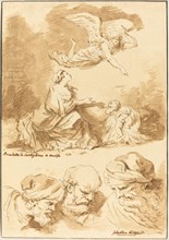 Hagar Consoled by an Angel (from a painting by Castiglione) and Three Heads of Old Men..., 1774. Creator: Jean Claude Richard Saint-Non.