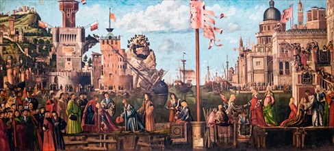 Meeting of the Betrothed Couple and the Departure of the Pilgrims (The Legend of Saint..., 1495-1500 Creator: Carpaccio, Vittore (1460-1526).