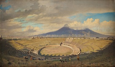 Amphitheatre in Pompeii with Vesuvius in the background, Second Half of the 19th cen.. Creator: Fristrup, Niels (1837-1909).