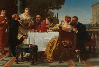 A Banquet - Sebastiano del Piombo and Jacopo Strada visits Titian in Venice, 1862. Creator: Kraus, Friedrich (1826-1894).