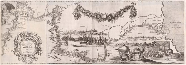 Pictorial map of the Volga River (Illustration from Travels to the Great Duke of Muscovy..., 1634. Creator: Rothgiesser, Christian Lorenzen (?-1659).
