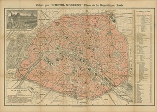Plan de Paris, 1890. Offert par l'Hôtel Moderne, Place de la République, Paris, 1890. Creator: Anonymous.