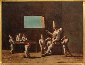 Scene of the education of Pulcinella, 18th century. Creator: Anonymous.