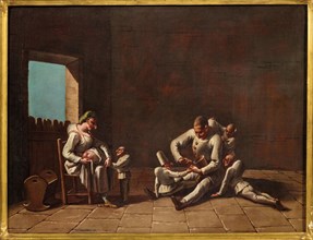 Scene of the education of Pulcinella, 18th century. Creator: Anonymous.
