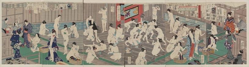 Naked bodies compared to irises in hot water... , 1868. Creator: Kunichika, Toyohara (1835-1900).