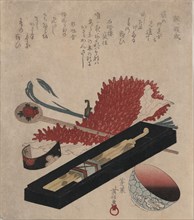 Shibori, hairpin, and lip color bowl, between 1818 and 1830. Creator: Horai, Hidenobu (active 1805-1825).