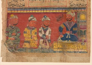 Nizamuddin Awliya with three attendants. From a Khamsa (Quintet) by Amir Khusraw Dihlavi, c. 1450. Creator: Anonymous.