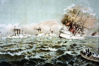 Spanish American War: Destruction of the Spanish squad in the naval battle of Cavite, 1898. Creator: Bejar Novella, Pablo (1869-1920).