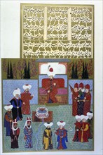 Sultan Orzhan Gazi, shows the bow he had tried with a prince, a Turkish miniature... (1584 - 1589). Creator: Unknown.