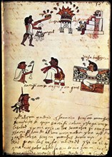 Codex of Tudela, 16th century. Offerings and sacrifices, Indian with a sahumador pouring copal... Creator: Unknown.