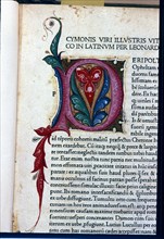 Illustrated page with miniature and decorated initial of the work 'Parellalle, sive..., 1478. Creator: Plutarch (50 a.C - 120 a.C.).