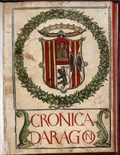 Xylographic color cover with a large coat of arms of Aragon from 'Crónica de Aragón'...1524.  Creator: Marineo Siculo, Lucio 1460-1533 (Preceptor of Ferdinand the Catholic).