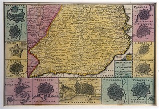 1725 copper-engraved map of the Principality of Catalonia, which includes the plans of Perpignan... Creator: La Feuille, Daniel (1640-1709).