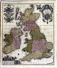 Coloured map of England, Ireland and Scotland, 1780.  Creator: Seutter, Georg Matthew (1678-1757).