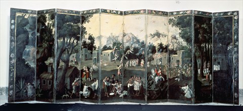 'El Palo Volador', oil-painted screen belonging to the Mexican culture, 17th century. Creator: Unknown.