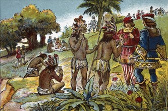 Discovery of America, third trip, exchange of gifts with the natives of the Gulf of Paria,1498-1500. Creator: Mestre, Albert.