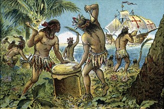 Discovery of America, third trip, hostile reception of the Indians of the province of...15th cent. Creator: Mestre, Albert.