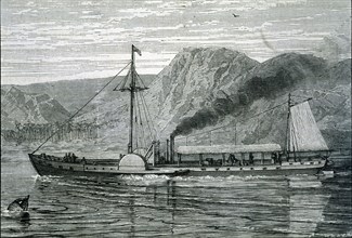 The Clermont, the first steamboat manufactured by Robert Fulton, sailing up the Hudson River...,1807 Creator: Unknown.