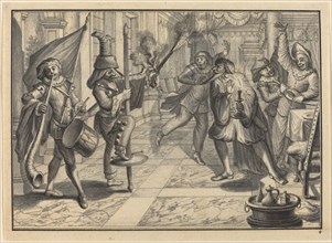 Mezzetin and Harlequin, Disguised as the Captain, Disrupt Pantaloon's Dinner, c. 1729. Creator: Johann Jakob Schübler.