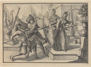 Pantaloon and the Doctor Fighting with Columbine and Brigatella in the Garden, c. 1729. Creator: Johann Jakob Schübler.