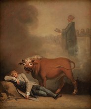 Niels Klim thinks he hears the Deacon when he is awakened by a Bull, 1785-1787. Creator: Nicolai Abraham Abildgaard.